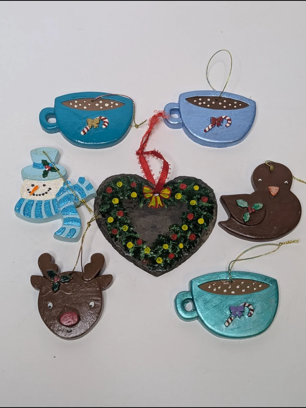 Hand Crafted teal blue brown Christmas Ornament Set